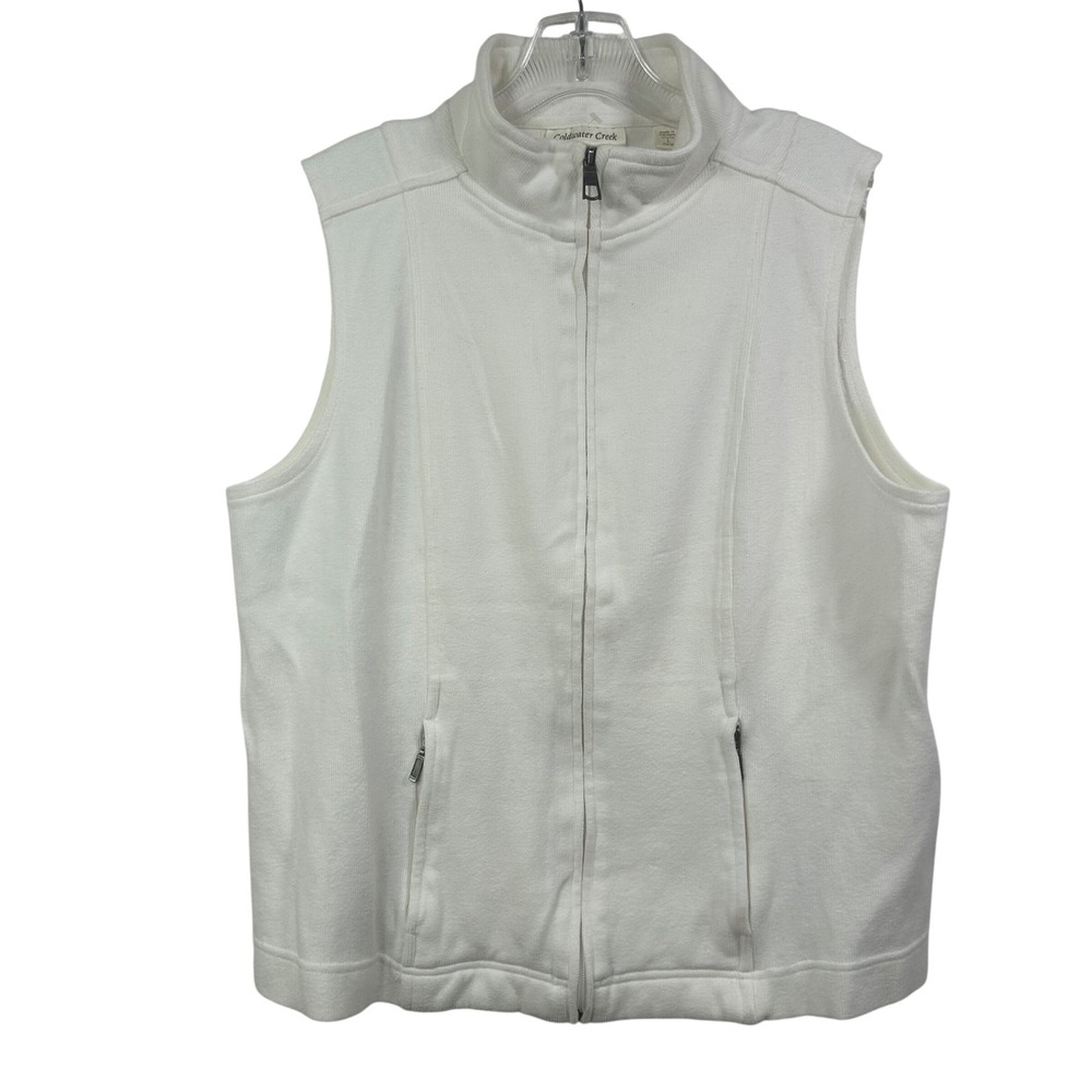 Coldwater Creek White 100% Cotton Full Zip Mock Neck Vest Pockets Large 14-16